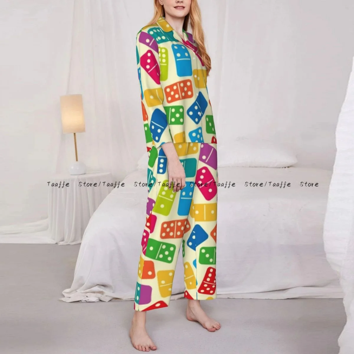 Women Sleepwear Pajamas Colorful Dominoes Illustration Long Sleeve Pijama Female Set Negligee Cardigan Suit
Women Sleepwear Pajamas Colorful Dominoes Illustration Long Sleeve Pijama Female Set Negligee Cardigan Suit