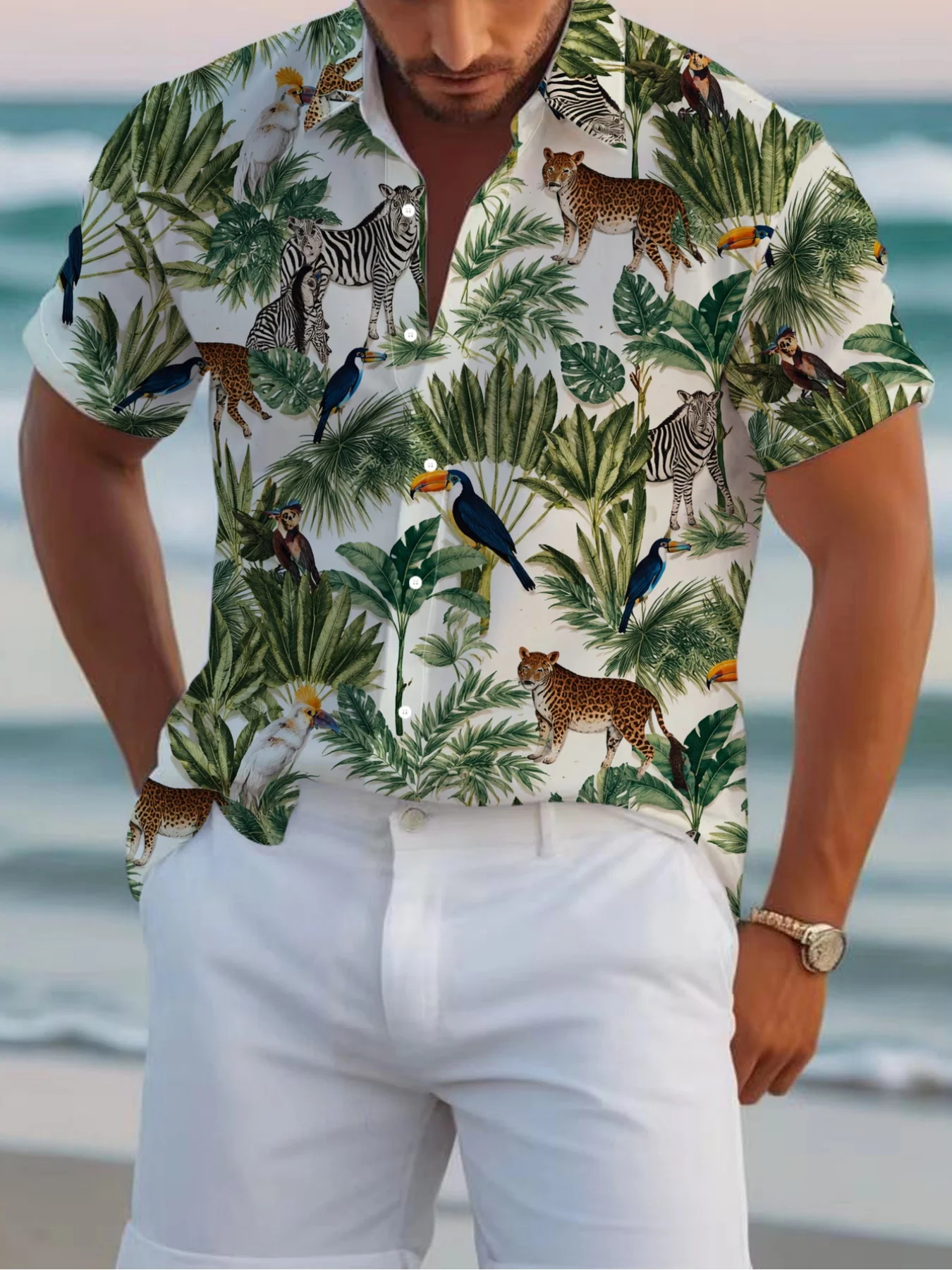 Men's Summer Jungle Animal Tropical Plant Print Hawaiian Shirt Lapel Short Sleeve Button Down Casual Vacation Beach Party Top
Men's Summer Jungle Animal Tropical Plant Print Hawaiian Shirt Lapel Short Sleeve Button Down Casual Vacation Beach Party Top