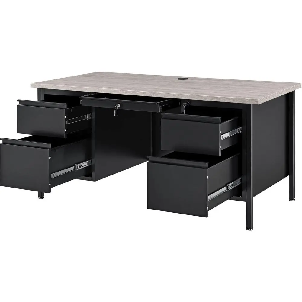 60" W x 30" D x 30-1/2"H Steel Teacher's Desk, Gray Top with Black e, Double Pedestal Desk with Center Der, 4 Locking Box/Box De
60" W x 30" D x 30-1/2"H Steel Teacher's Desk, Gray Top with Black e, Double Pedestal Desk with Center Der, 4 Locking Box/Box De