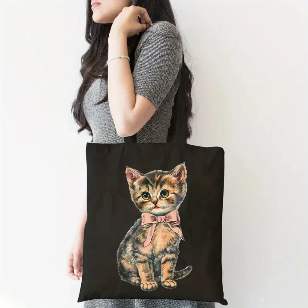 Kitten With Pink Bow Print Black Canvas Tote Bag, Women Shoulder Bag, Sweet Pet Handbag for Cute Outfits
Kitten With Pink Bow Print Black Canvas Tote Bag, Women Shoulder Bag, Sweet Pet Handbag for Cute Outfits