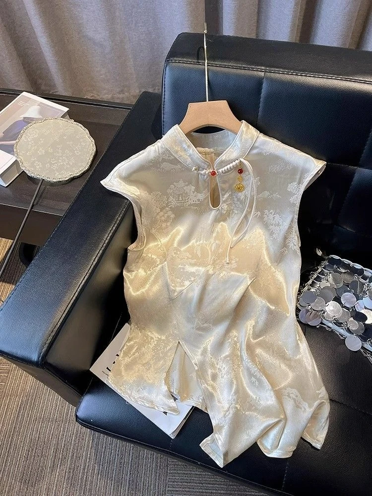 New Chinese Retro Style Irregular Blouses Sleeveless Loose French Jacquard Shirt Women Vintage Casual All-match Blusas De Mujer
New Chinese Retro Style Irregular Blouses Sleeveless Loose French Jacquard Shirt Women Vintage Casual All-match Blusas De Mujer
