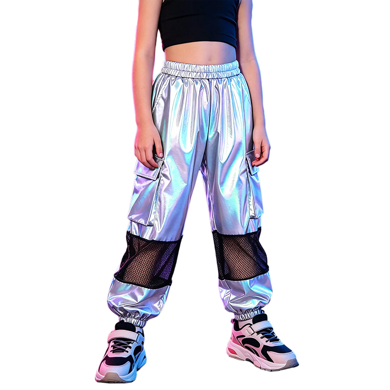 Kids Girls Metallic Cargo Trousers Hollow Mesh Patchwork Sparkly Pants with Pockets for Hip Hop Jazz Dance Performance Clothing
Kids Girls Metallic Cargo Trousers Hollow Mesh Patchwork Sparkly Pants with Pockets for Hip Hop Jazz Dance Performance Clothing