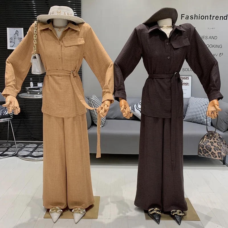 Fashionable lapel Thin slim Long sleeves shirt Top high waist loose and casual straight leg wide leg pants Two piece set
Fashionable lapel Thin slim Long sleeves shirt Top high waist loose and casual straight leg wide leg pants Two piece set