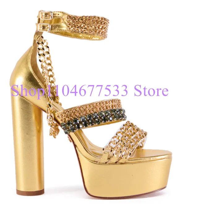 Gold Color Chains Decor Crystal Lady Sandals Shoes Fashion Chunky Heel Woman Platform Sandals Sexy Female High Heels Pumps Shoes
Gold Color Chains Decor Crystal Lady Sandals Shoes Fashion Chunky Heel Woman Platform Sandals Sexy Female High Heels Pumps Shoes