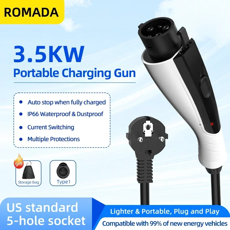 Portable EV Charger 16A 3.5KW Type1 to J1772,3M/5M/10M Cable Electric Vehicle Charging Station for Fast Home Charging (ROMADA)
Portable EV Charger 16A 3.5KW Type1 to J1772,3M/5M/10M Cable Electric Vehicle Charging Station for Fast Home Charging (ROMADA)