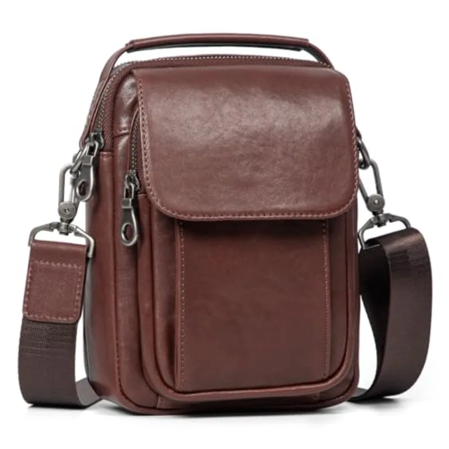 Leather small messenger bag for men: crossbody handbag, shoulder sling travel bag, brown, magnetic buckle closure
Leather small messenger bag for men: crossbody handbag, shoulder sling travel bag, brown, magnetic buckle closure