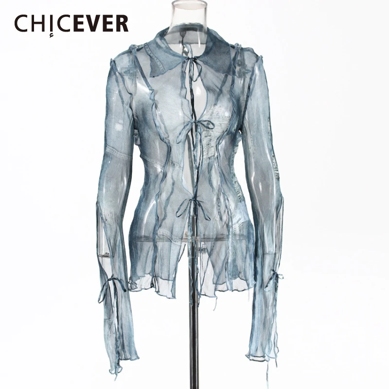 CHICEVER 2000s Sheer Mesh Ripped Desinger Shirt for Women Lapel Flare Sleeve Patchwork Lace Up Sexy Shirts Female Summer Clothes
CHICEVER 2000s Sheer Mesh Ripped Desinger Shirt for Women Lapel Flare Sleeve Patchwork Lace Up Sexy Shirts Female Summer Clothes