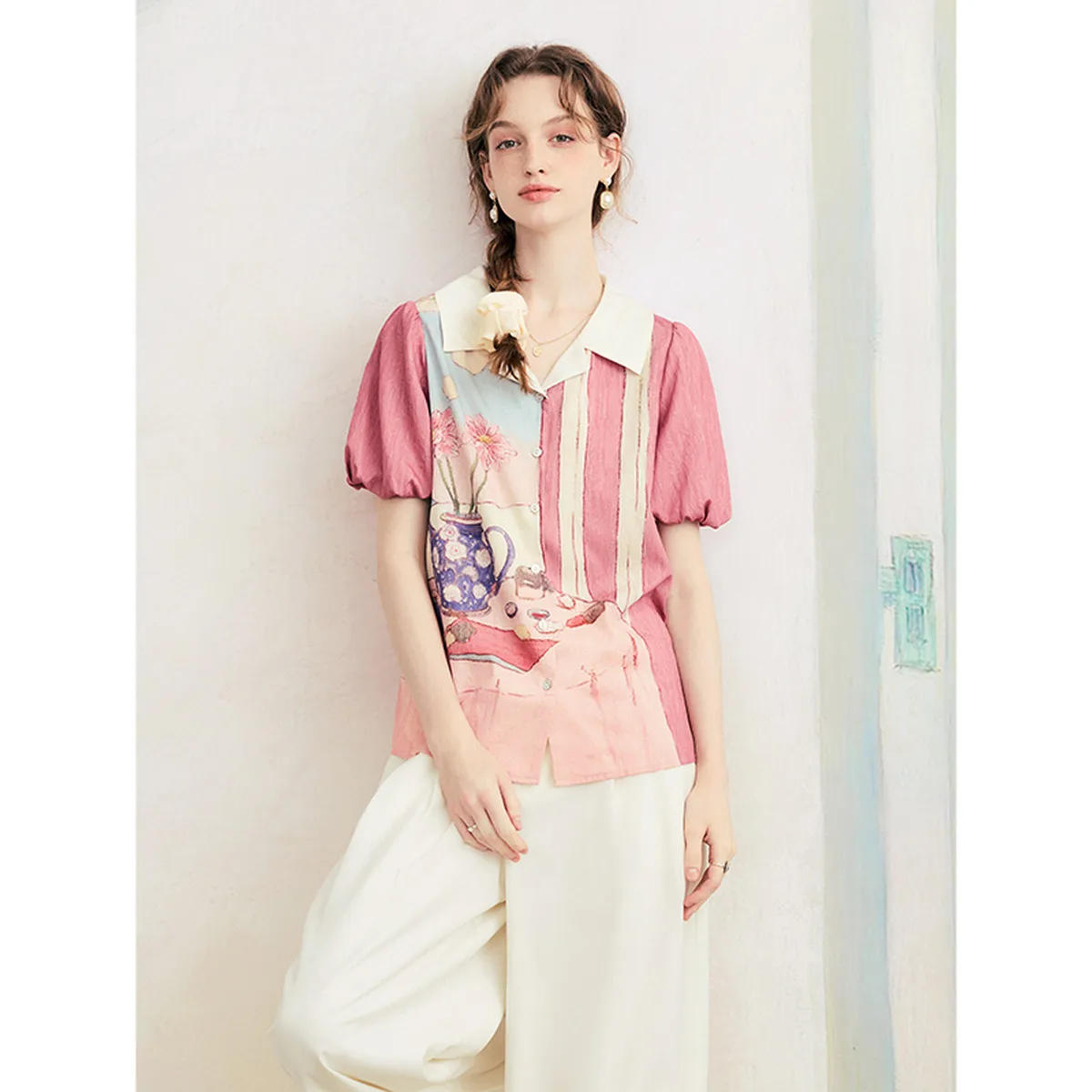 Summer Chic Pink Oil Paint Print Blouse with Puff Sleeve and Relaxed Fit
Summer Chic Pink Oil Paint Print Blouse with Puff Sleeve and Relaxed Fit