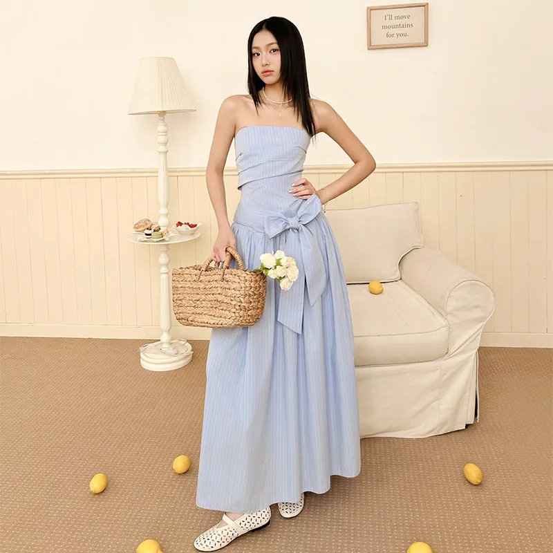EINY y2k Blue Striped Strapless Dress Women Summer College Style Waist Cinched Slimming Skirt Sleeveless Ankle Length Dress Traf
EINY y2k Blue Striped Strapless Dress Women Summer College Style Waist Cinched Slimming Skirt Sleeveless Ankle Length Dress Traf