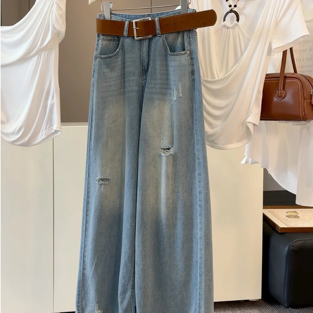 Summer Washed High Waist Ripped Light Blue Wide Leg Jeans Women's Casual Loose Versatile Distressed Straight Tube Denim Pants
Summer Washed High Waist Ripped Light Blue Wide Leg Jeans Women's Casual Loose Versatile Distressed Straight Tube Denim Pants