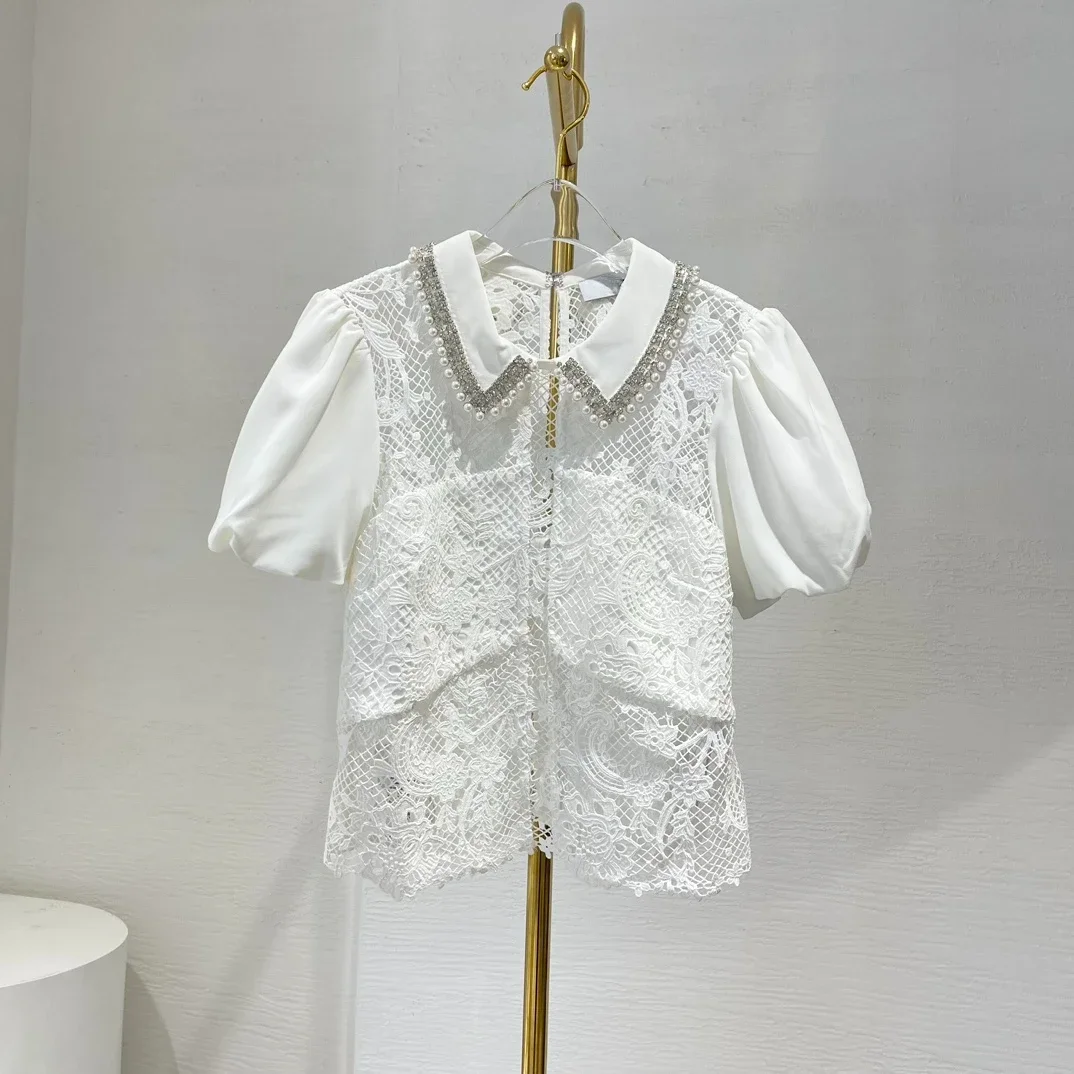 White Lace Women Blouse 2024 New Fashion Summer Patchwork Pearl Diamonds Pressed Short Sleeve Polo-Neck Hollow Out Tops
White Lace Women Blouse 2024 New Fashion Summer Patchwork Pearl Diamonds Pressed Short Sleeve Polo-Neck Hollow Out Tops