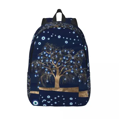 Charm Tree Gold On Dark Blue Laptop Backpack Women Men Basic Bookbag for College School Student Amulet Nazar Evil Eye Bag