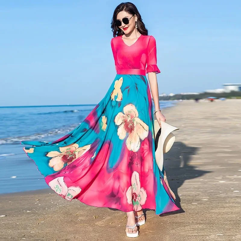 M-4XL Summer New Beach Printing Dress Women's Fashion Flare sleeves V-neck Temperament Slim Chiffon Dresses Femme Vestidos
M-4XL Summer New Beach Printing Dress Women's Fashion Flare sleeves V-neck Temperament Slim Chiffon Dresses Femme Vestidos