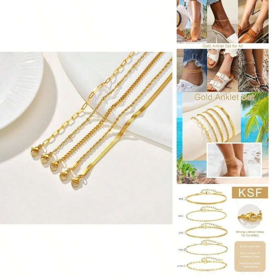 Gold Anklets For Women Waterproof - 18k Gold Plated Ankle Bracelets For Women, 5PCS Anklet Set Cuban Herringbone Figaro Link Ch
Gold Anklets For Women Waterproof - 18k Gold Plated Ankle Bracelets For Women, 5PCS Anklet Set Cuban Herringbone Figaro Link Ch