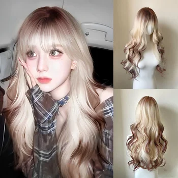 금발 옴브레 다크 브라운 합성 가발, 긴 웨이브 곱슬 가발, 앞머리 포함, 백인 여성 코스프레, 한국 데일리 파티, 내열성 헤어