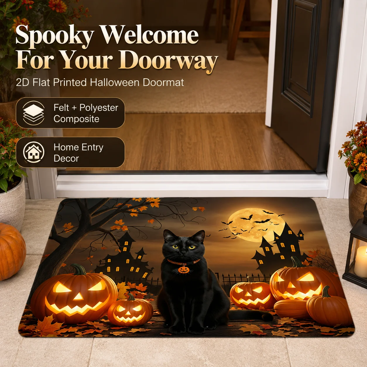 Spooky Jack O Lantern Welcome Mat 2D Flat Printed Felt Doormat Halloween Cat Entrance Rug Indoor Outdoor Porch Decor
Spooky Jack O Lantern Welcome Mat 2D Flat Printed Felt Doormat Halloween Cat Entrance Rug Indoor Outdoor Porch Decor