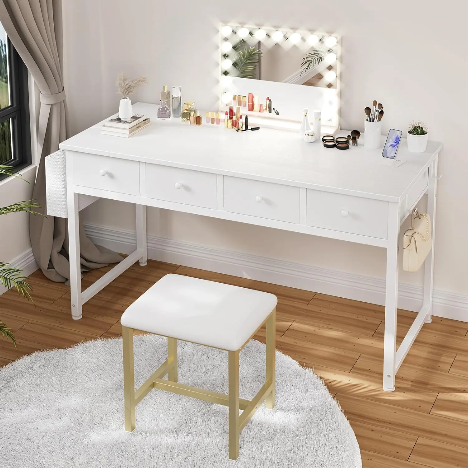 47 Inch White Computer Desk with Fabric Drawers for Home Office Bedroom, Vanity Desk with Drawer Storage and Side Pouch
47 Inch White Computer Desk with Fabric Drawers for Home Office Bedroom, Vanity Desk with Drawer Storage and Side Pouch