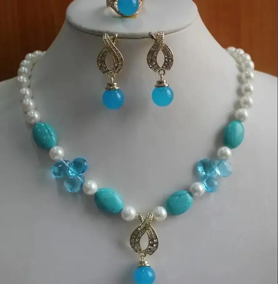 Fashion design 8mm white shell pearl + Turquoise egg accessories Necklace Pendant + Earrings + Ring Set
Fashion design 8mm white shell pearl + Turquoise egg accessories Necklace Pendant + Earrings + Ring Set