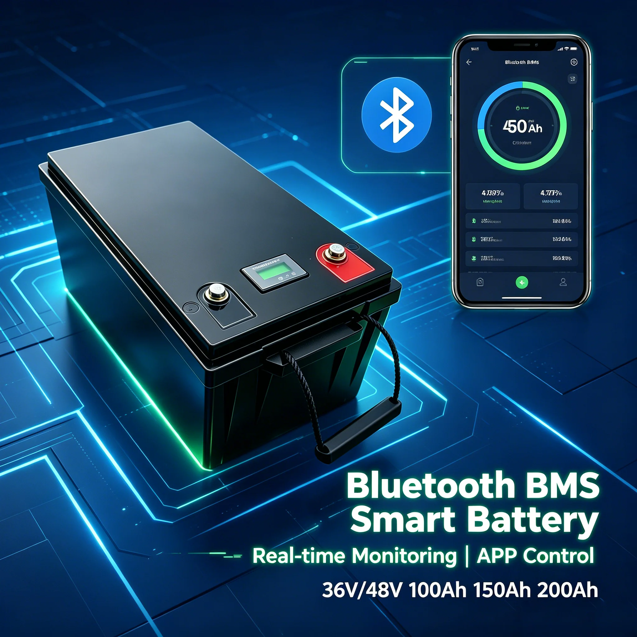 Bluetooth BMS Smart Battery 36V 48V 100Ah 150Ah200Ah li ion, APP Real-time Monitoring, 6000 Cycles, 100A Discharge for RV Solar
Bluetooth BMS Smart Battery 36V 48V 100Ah 150Ah200Ah li ion, APP Real-time Monitoring, 6000 Cycles, 100A Discharge for RV Solar