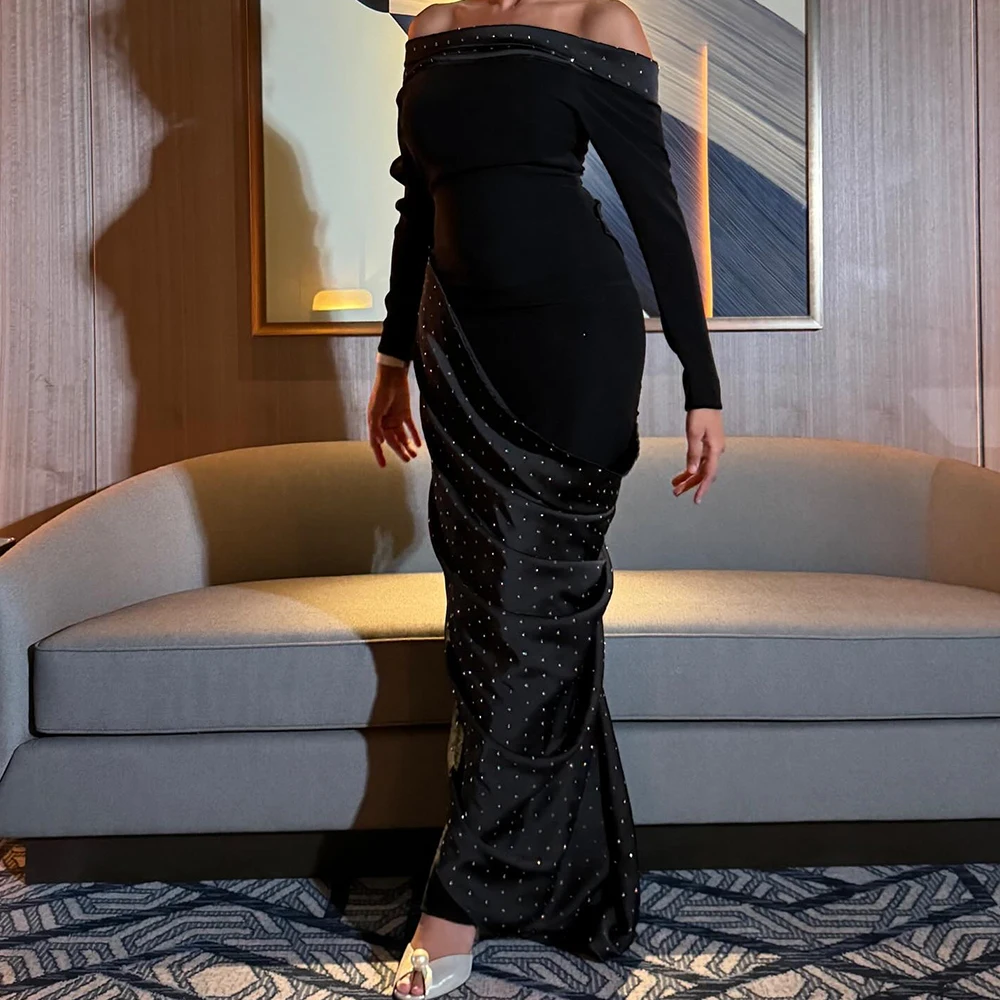 Elegant Pleats Crystal Boat Neck Evening Dresses Modern Mermaid Satin Long Sleeves Black Zipper Back Party Gowns فساتين سهرة
Elegant Pleats Crystal Boat Neck Evening Dresses Modern Mermaid Satin Long Sleeves Black Zipper Back Party Gowns فساتين سهرة
