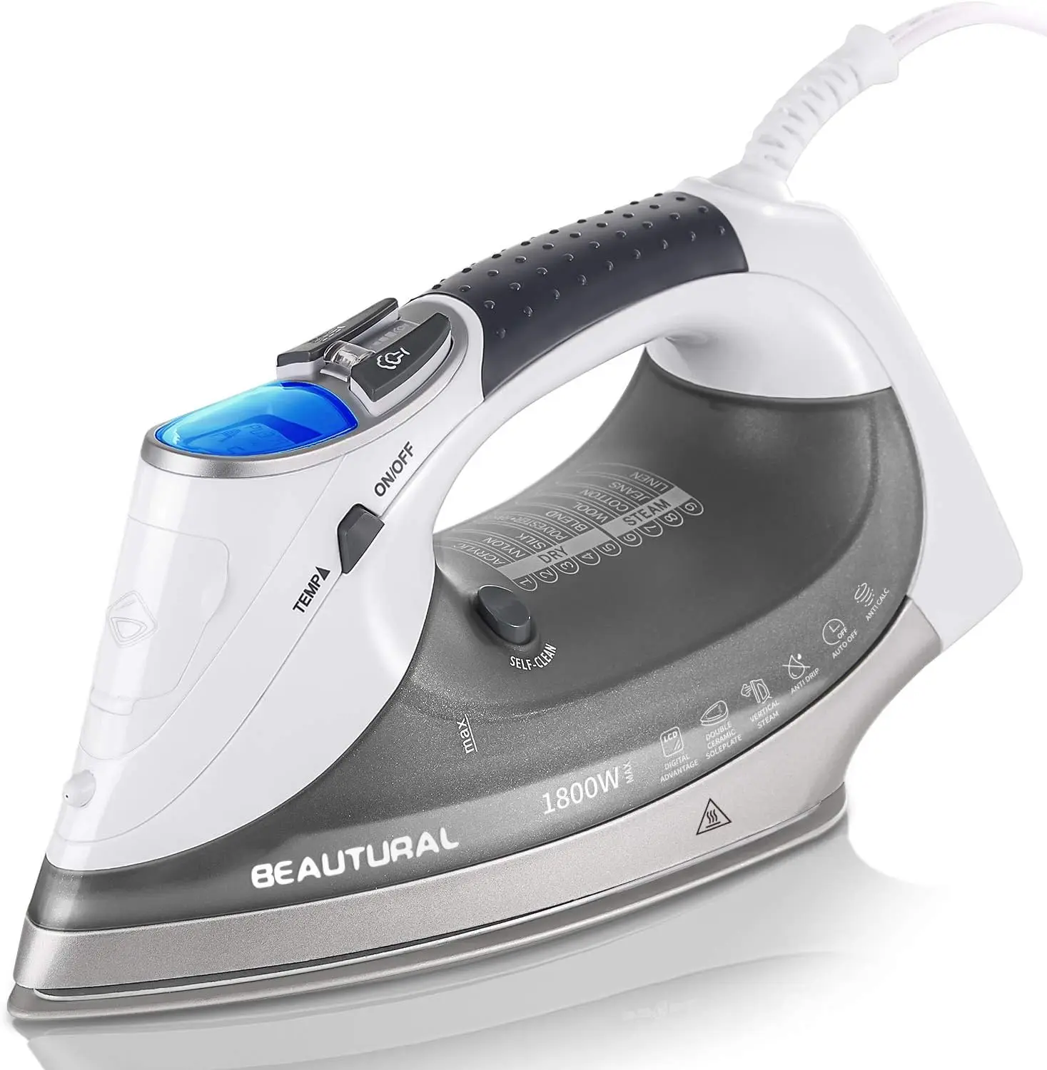 1800-Watt Steam Iron, LCD Screen, Ceramic Soleplate, 3-Way Auto-Off, 9 Fabric Settings - Gray
1800-Watt Steam Iron, LCD Screen, Ceramic Soleplate, 3-Way Auto-Off, 9 Fabric Settings - Gray