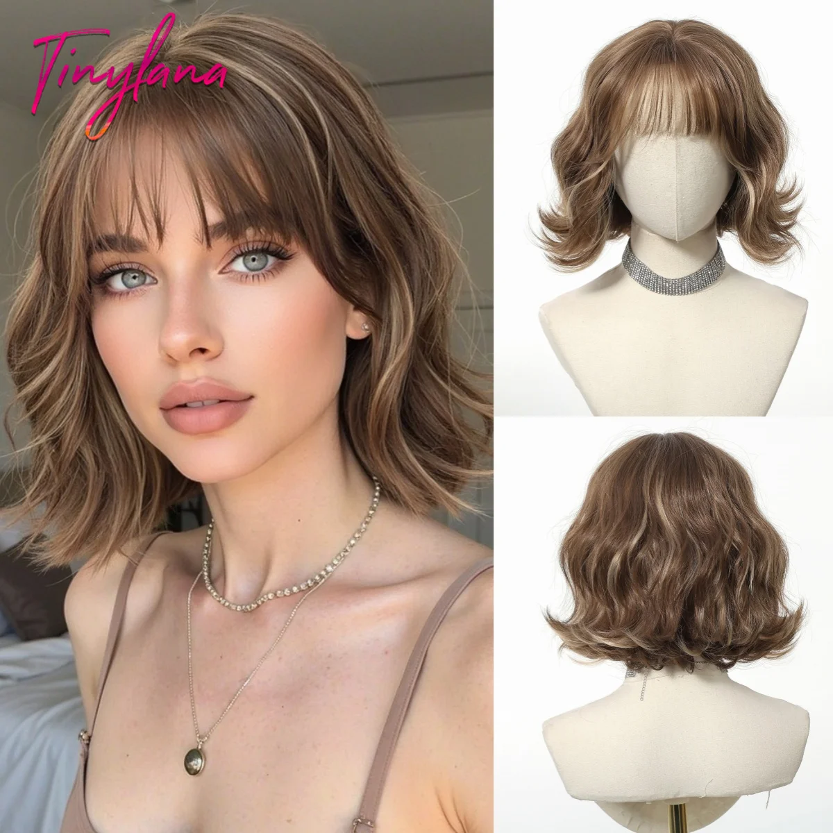 Light Brown Mixed Blonde Short Wavy Synthetic Wig with Bangs for Women Natural Daily Look Heat Resistant Lolita Cosplay Hair Wig
Light Brown Mixed Blonde Short Wavy Synthetic Wig with Bangs for Women Natural Daily Look Heat Resistant Lolita Cosplay Hair Wig