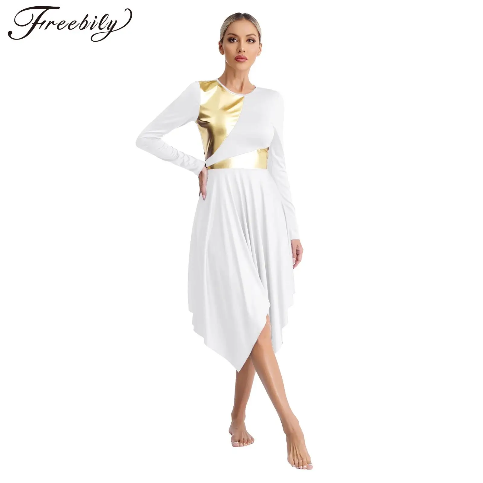 Womens Metallic Color Block Liturgical Dance Dress Long Sleeve Irregular Hem Stage Performance Dresses Church Worship Dancewear
Womens Metallic Color Block Liturgical Dance Dress Long Sleeve Irregular Hem Stage Performance Dresses Church Worship Dancewear