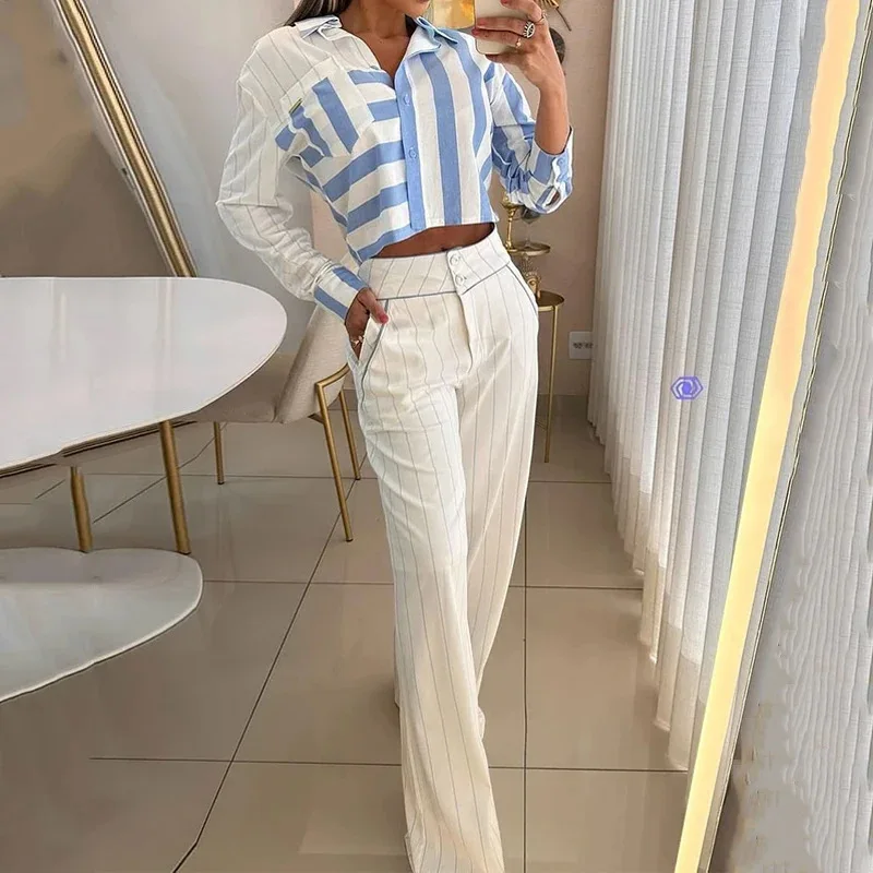 Two Piece Set Women Outfit 2025 Spring New Striped Turn-Down Collar Long Sleeve Crop Shirt & High Waist Straight Leg Pants Set
Two Piece Set Women Outfit 2025 Spring New Striped Turn-Down Collar Long Sleeve Crop Shirt & High Waist Straight Leg Pants Set