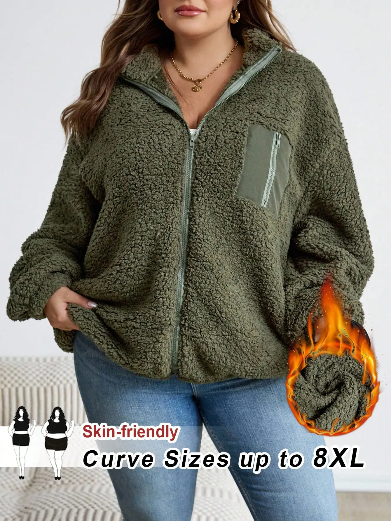 Olive Green Plus Size Fleece Zip-Up Jacket for Autumn Winter
Olive Green Plus Size Fleece Zip-Up Jacket for Autumn Winter