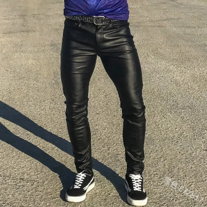 Punk Casual Pu Leather Pants Solid Color Men'S Clothing Tight Elastic Low Waist Boy Pant s Trousers Leather Pants Men's locomoti
Punk Casual Pu Leather Pants Solid Color Men'S Clothing Tight Elastic Low Waist Boy Pant s Trousers Leather Pants Men's locomoti