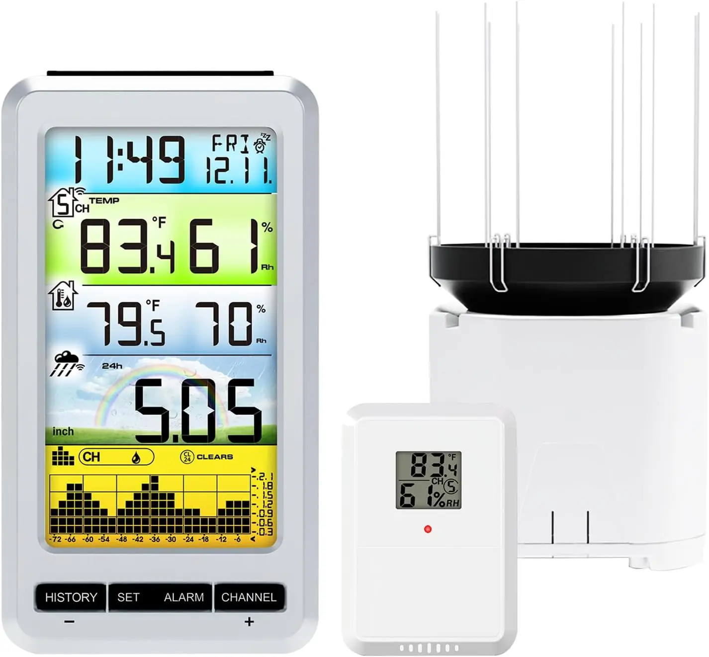 Rain Gauge Wireless Indoor Outdoor Thermometer with Color Display Screen Rain Gauges for Yard with Rainfall History Alerts
Rain Gauge Wireless Indoor Outdoor Thermometer with Color Display Screen Rain Gauges for Yard with Rainfall History Alerts