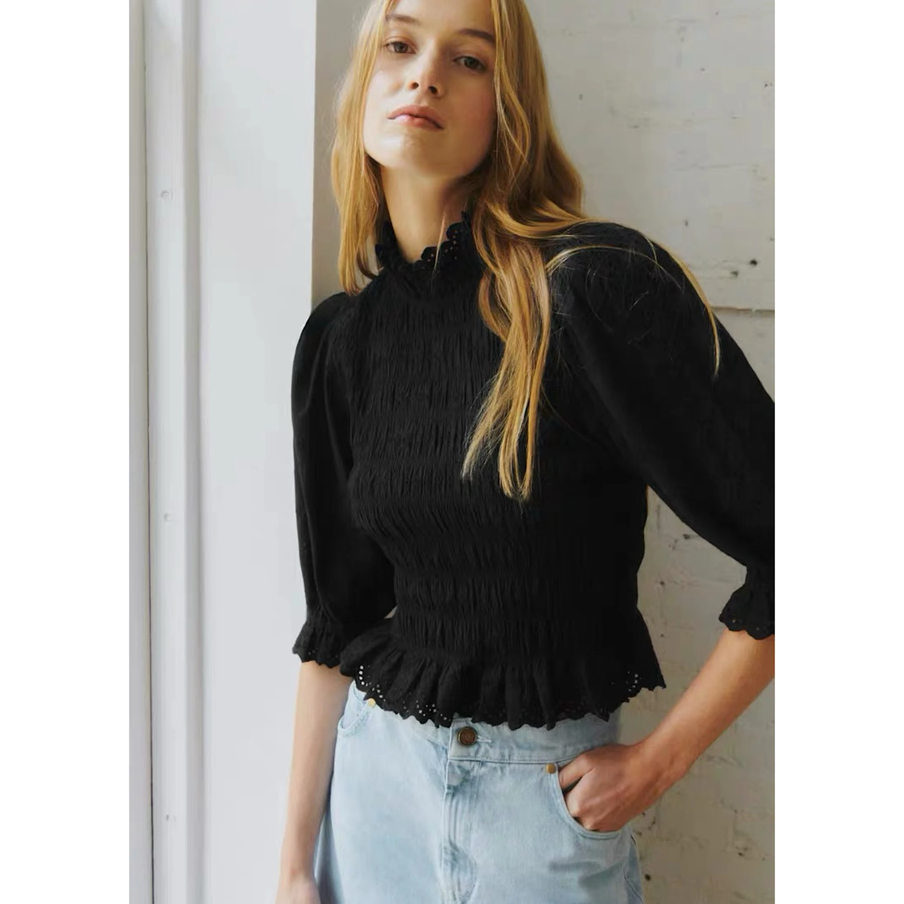 Paris Seza Embroidered Elastic Pleated Bubble Sleeve Shirt 3 Colors Spring Baggy Cotton Short Sleeve Women's French Style Shirt
Paris Seza Embroidered Elastic Pleated Bubble Sleeve Shirt 3 Colors Spring Baggy Cotton Short Sleeve Women's French Style Shirt