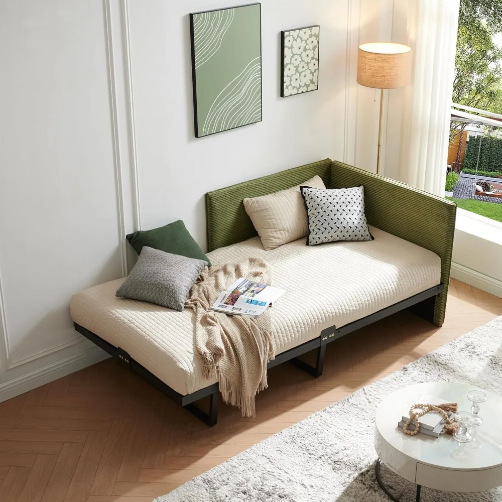 Twin Size Upholstered Daybed Frame, Corduroy Corner Sofa Bed, Guest Bed with Versatile Side Placement, Wood Slat Support
Twin Size Upholstered Daybed Frame, Corduroy Corner Sofa Bed, Guest Bed with Versatile Side Placement, Wood Slat Support