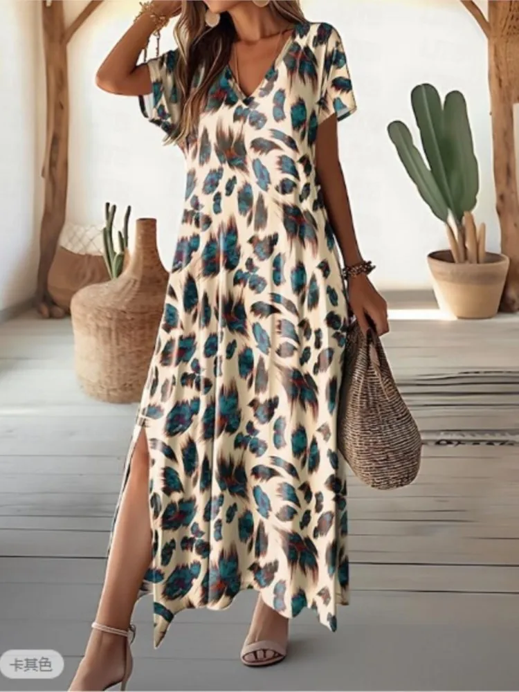 Fashionable V-neck Short-sleeved Dress For Women Elegant Spring Summer Printing Slit Casual Loose Holiday Dresses Female 2025
Fashionable V-neck Short-sleeved Dress For Women Elegant Spring Summer Printing Slit Casual Loose Holiday Dresses Female 2025