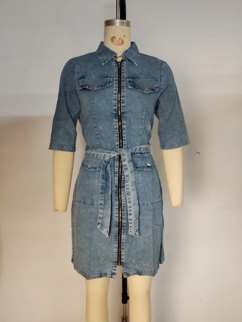 Women Denim Dress Slim Fit Zipper Solid Color Dresses Turn Down Collar Belt Streetwear Pockets Short Sleeve Slim Fit Sexy Summer
Women Denim Dress Slim Fit Zipper Solid Color Dresses Turn Down Collar Belt Streetwear Pockets Short Sleeve Slim Fit Sexy Summer