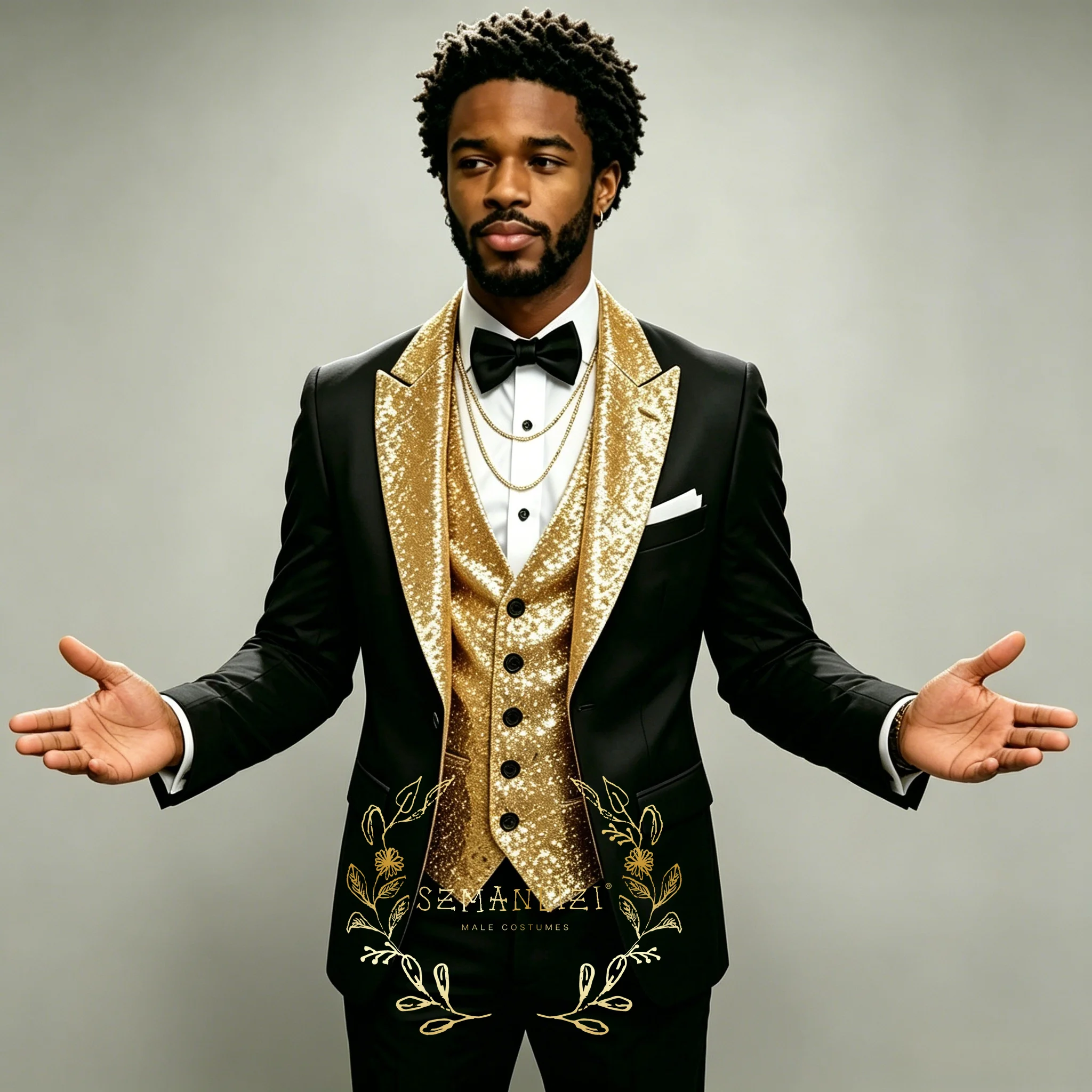 Black 3 Pieces Formal Men Suits Gold Sequin Peaked Lapel Slim Fit Single Breasted Groom Wedding Male Prom Blazer+Vest+Pants Sets
Black 3 Pieces Formal Men Suits Gold Sequin Peaked Lapel Slim Fit Single Breasted Groom Wedding Male Prom Blazer+Vest+Pants Sets