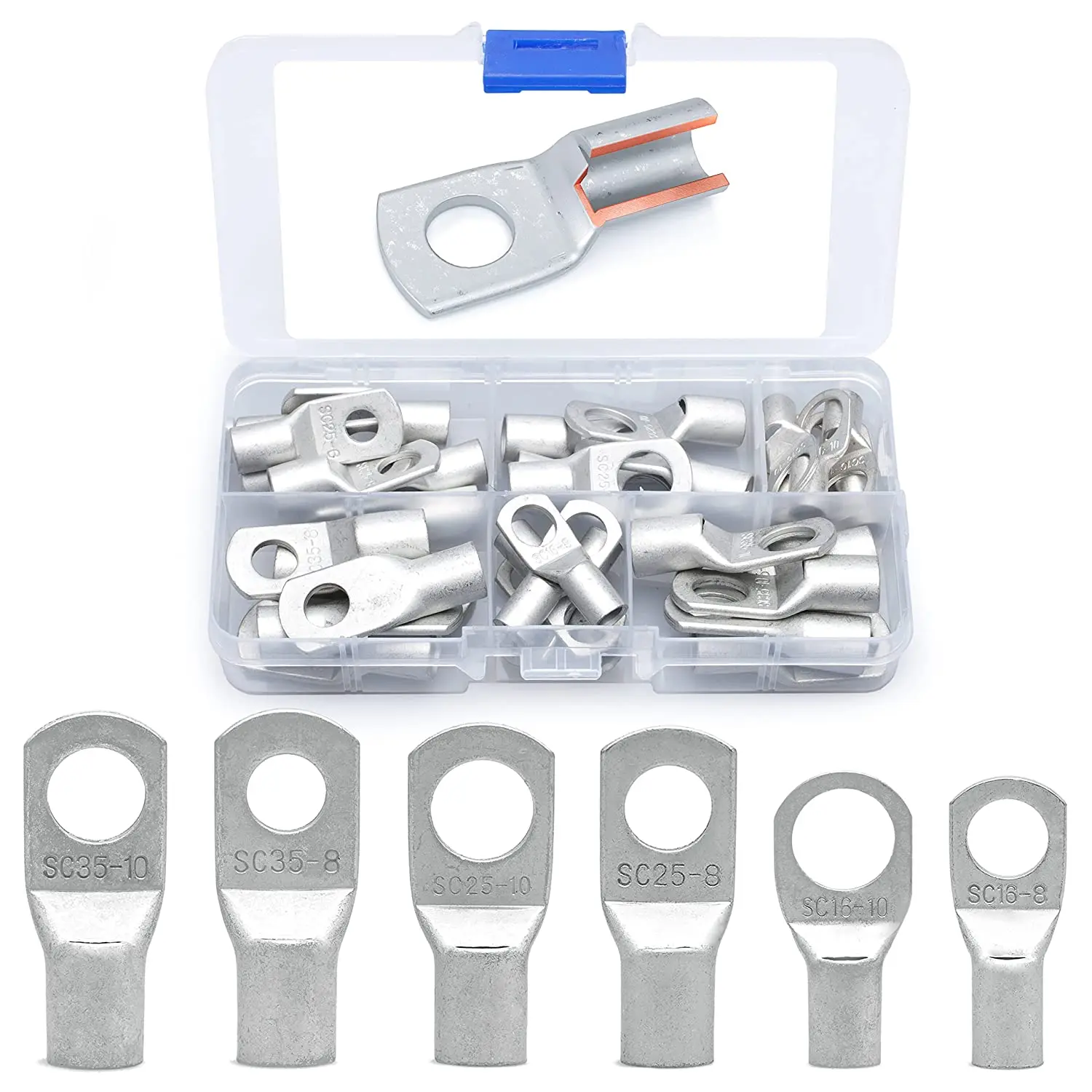 30 Piece Tinned Copper Wire Lug Kit - Battery Lug - Crimp Battery Cable End - Ring Terminal - 6-2 Gauge
30 Piece Tinned Copper Wire Lug Kit - Battery Lug - Crimp Battery Cable End - Ring Terminal - 6-2 Gauge