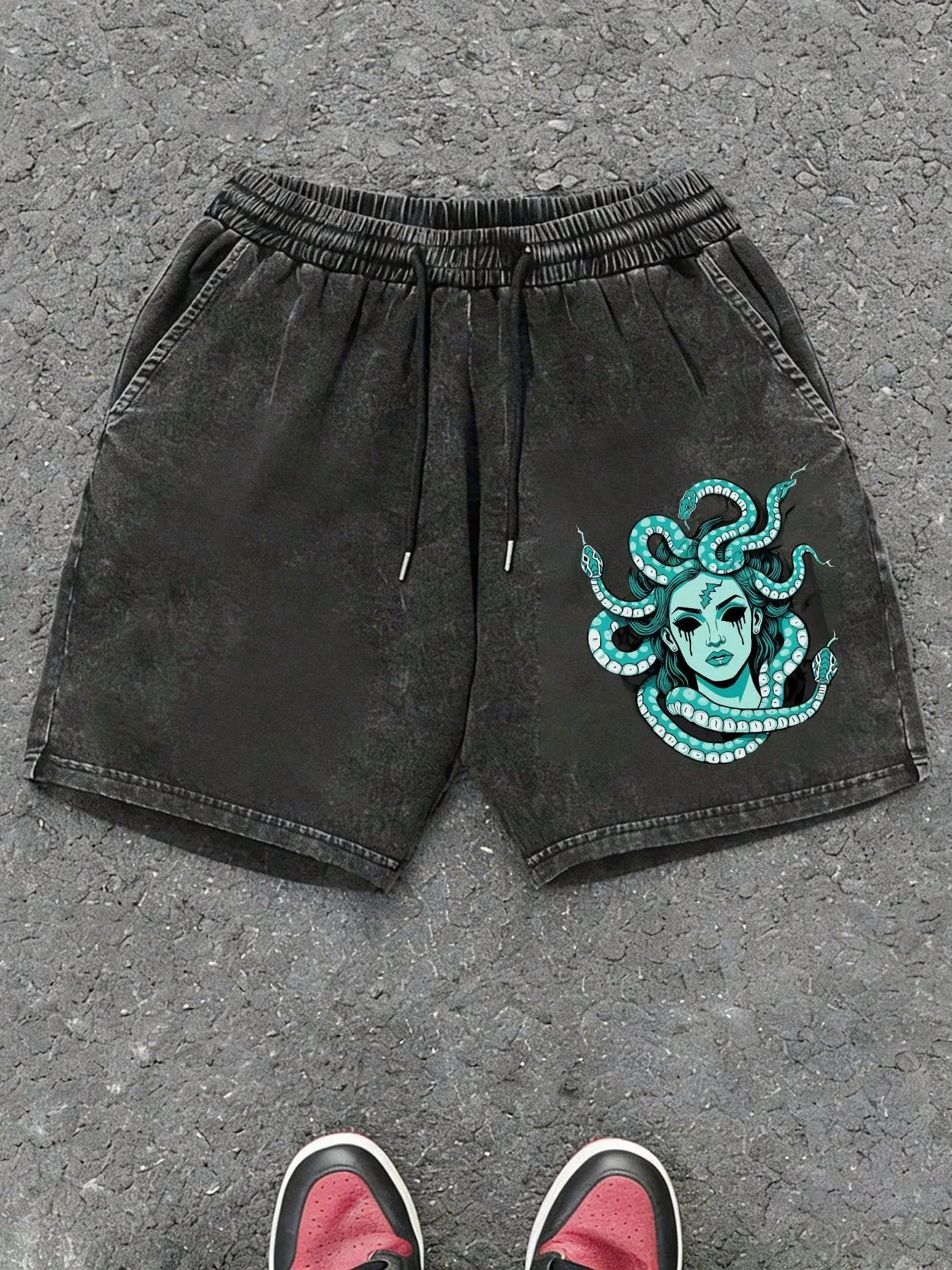 Mens Black Vintage Washed Cotton Shorts With Medusa Graphic Print Elastic Waist Drawstring Casual Streetwear
Mens Black Vintage Washed Cotton Shorts With Medusa Graphic Print Elastic Waist Drawstring Casual Streetwear