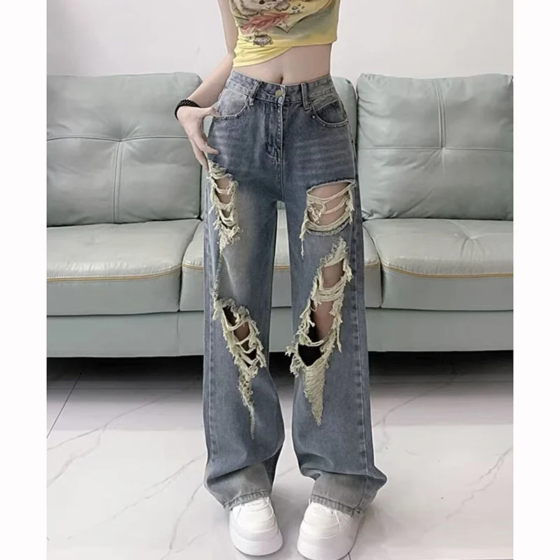 New Girls Chic Ripped Straight Leg Jeans Female High Waist Loose Denim Trousers Women Fashion Designer Thin Pants
New Girls Chic Ripped Straight Leg Jeans Female High Waist Loose Denim Trousers Women Fashion Designer Thin Pants