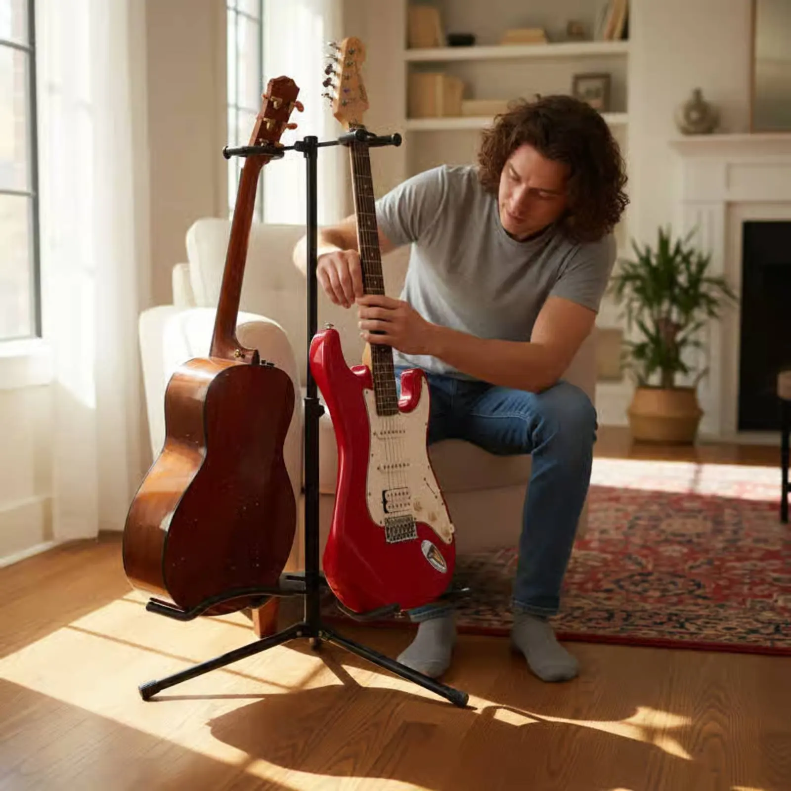 Double Guitar Floor Stand Foldable Design Double Guitar Stand Musical Instrument Accessory Adjustable Height for Practice Room
Double Guitar Floor Stand Foldable Design Double Guitar Stand Musical Instrument Accessory Adjustable Height for Practice Room