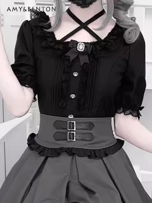 Lolita High Waist Cross Strap Lace Halter Neck Square Collar Shirt Women Japanese Girl Subculture Beaded Bow Short Sleeve Top
Lolita High Waist Cross Strap Lace Halter Neck Square Collar Shirt Women Japanese Girl Subculture Beaded Bow Short Sleeve Top