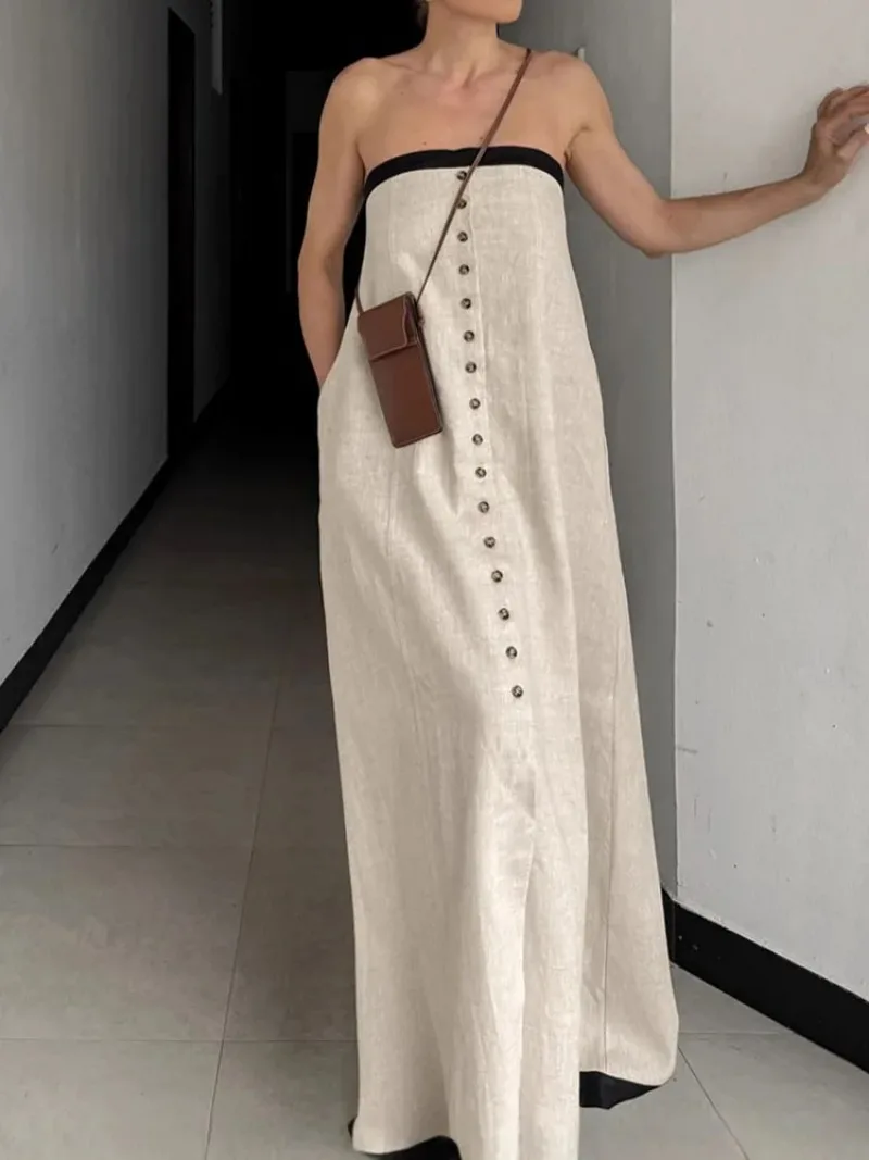 French vacation style cotton and linen strapless skirt 2025 Fashion autumn high-end loose color A-line dress for women's wear 
French vacation style cotton and linen strapless skirt 2025 Fashion autumn high-end loose color A-line dress for women's wear