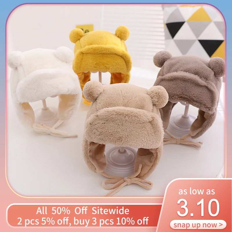 Шапки с защитой ушей с милым медведем, плюшевая шапка-ушанка для младенцев, мягкая пушистая зимняя теплая шапка, детская однотонная шапка для мальчиков и девочек, подходит для детей от 8 месяцев до 3 лет