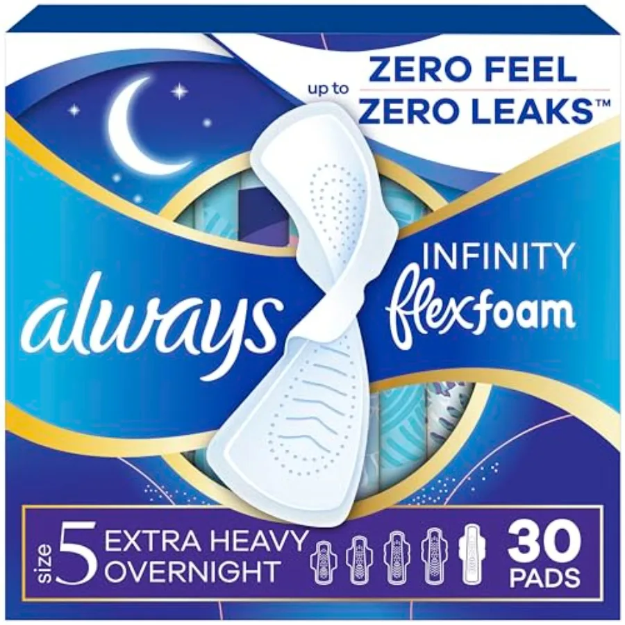 Always Infinity Feminine Pads for Women, Flexfoam Pads with Wings, Size 5, Extra Heavy Overnight Absorbency, Unscented, 30 Coun
Always Infinity Feminine Pads for Women, Flexfoam Pads with Wings, Size 5, Extra Heavy Overnight Absorbency, Unscented, 30 Coun