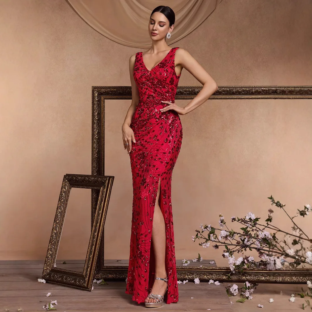 V Neck Thin Strap Star Burst Shimmer Sequin Mermaid Dress Red with Front Ruched Waist & High Slit Gala Wedding Cocktail Gown
V Neck Thin Strap Star Burst Shimmer Sequin Mermaid Dress Red with Front Ruched Waist & High Slit Gala Wedding Cocktail Gown