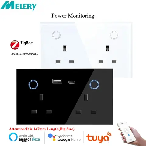 Melery Zigbee UK Smart Wall Socket Tuya Power Monitor Outlet 147 Touch Switch Plug USB TypeC Wireless Remote Alexa Google Home