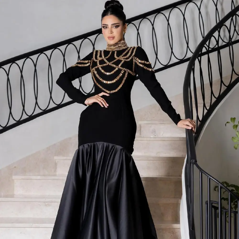 Black Evening Dress with Crystal High Neck Long Sleeve Mermaid Floor Length Jersey Satin Women Custom Made Wedding Party Gown
Black Evening Dress with Crystal High Neck Long Sleeve Mermaid Floor Length Jersey Satin Women Custom Made Wedding Party Gown