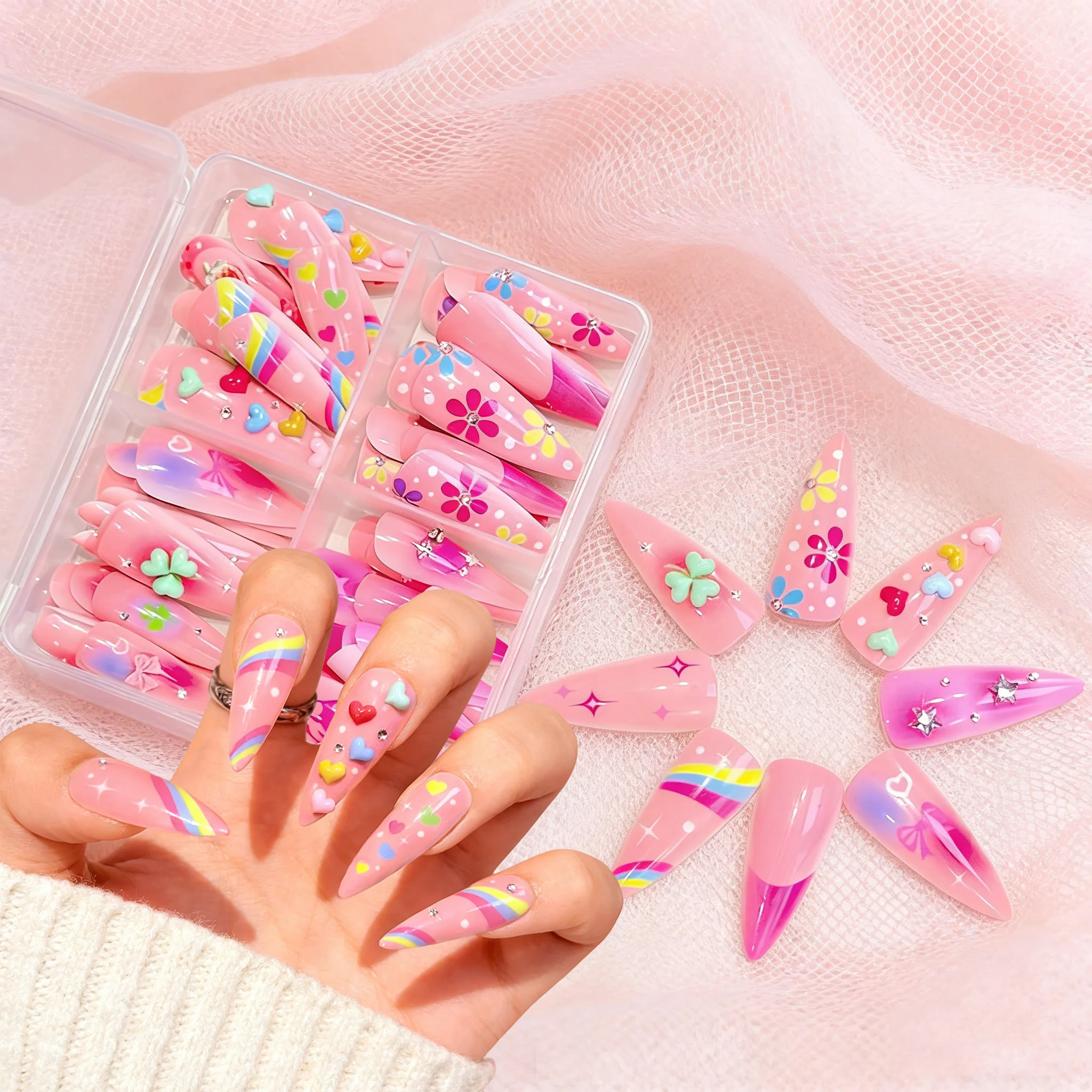 96 шт. розовых градиентных накладных ногтей-стилетов с 3D-бантиками, кристаллами, звездами, стразами и цветами для нейл-арта
96 шт. розовых градиентных накладных ногтей-стилетов с 3D-бантиками, кристаллами, звездами, стразами и цветами для нейл-арта