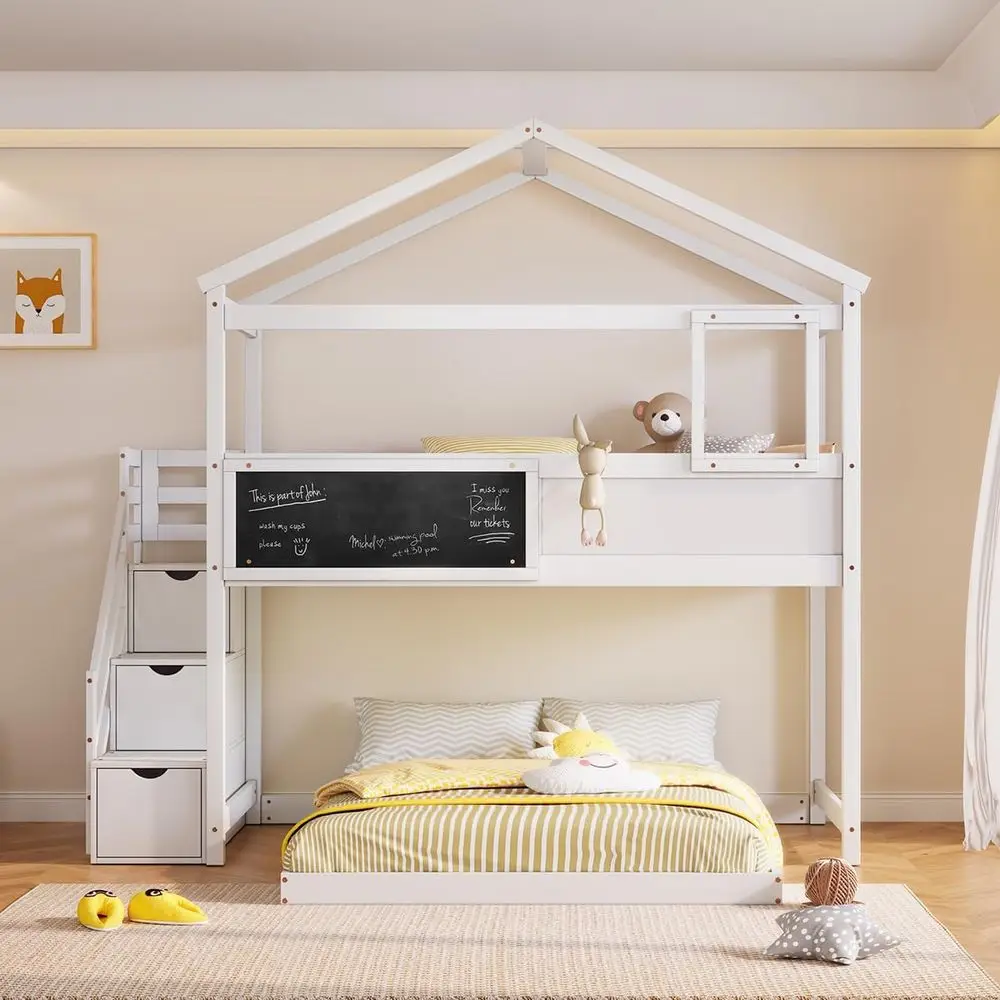 Белая двуспальная/полнохъярусная кровать с игровым домиком, лестницей для хранения вещей, доской и окном для детей
Белая двуспальная/полнохъярусная кровать с игровым домиком, лестницей для хранения вещей, доской и окном для детей