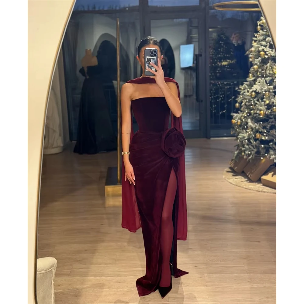 Burgundy Strapless 3D Flowers Prom Dress Velvet Mermaid Floor-length vestidos de noiva Customized Side Slit Formal Evening Gowns
Burgundy Strapless 3D Flowers Prom Dress Velvet Mermaid Floor-length vestidos de noiva Customized Side Slit Formal Evening Gowns